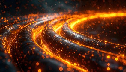 Curved glowing futuristic cables illuminated by bright orange particles symbolizing internet, energy and advanced digital networks shaping future connectivity