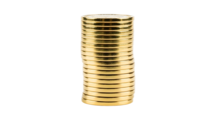 A tall stack of golden coins symbolizing treasure and investment, a plain object isolated against a clean white background with no shadow