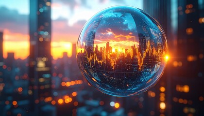 Glass bubble reflects futuristic skyline with glowing lights at sunset, concept of financial bubble, technology future and city transformation