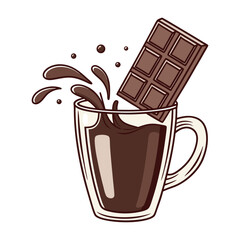A delicious rich dark chocolate bar splashing into a clear glass mug filled with hot chocolate creating a delightful beverage splash