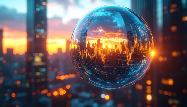Glass bubble reflects futuristic skyline with glowing lights at sunset, concept of financial bubble, technology future and city transformation