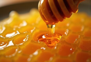 Close-Up Visual Symphony of Honey Dripping from Golden Honeycomb Viscosity Sweetness Texture Nature