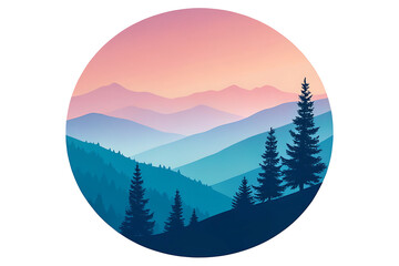 A breathtaking mountain landscape at sunset and sunrise features snow-covered hills under a cloudy sky with mist and fog rolling through the forest at dawn