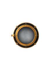 Vintage brass porthole with black frame, transparent background, nautical design element, isolated, round shape, metallic texture, steampunk style, industrial design, maritime decor,