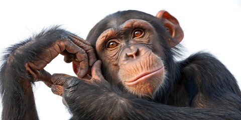Intrigued chimpanzee thoughtfully pondering a question with hand to face against a white background