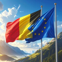 Flags of Belgium and the EU over mountains