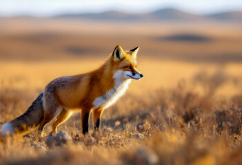 A red fox stands alert in a golden open field with warm sunlight casting a soft glow across its fur while distant hills blur into the background creating a serene and wild atmosphere