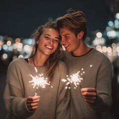 Happy young couple holding sparklers at night with bokeh lights  