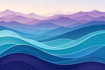 Abstract blue background with flowing waves depicting a misty mountain landscape at sunset with a silhouette of hills over the ocean vector illustration