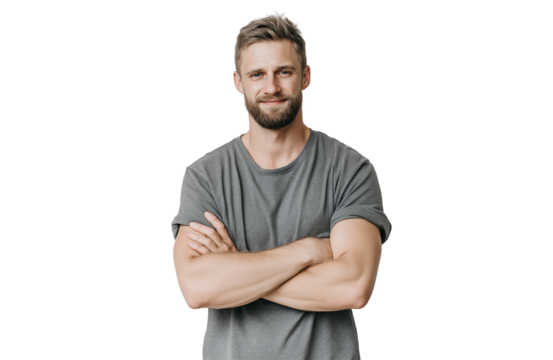 A confident bearded man with short brown hair, wearing a grey tshirt, stands with his arms crossed and looks directly at the camera, isolated on transparent background