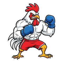 Muscular cartoon rooster boxer ready to fight in red shorts and blue gloves