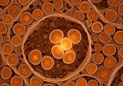 Hyper-detailed microscopic visualization of adrenal medullary chromaffin granules catecholamines glowing, endocrine anatomy, biology, medical science, fluorescent tissue, microanatomy, histology
