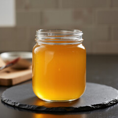 high quality photo of a glass jar of honey on a slate countertop
