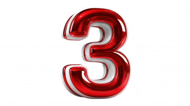Red and white striped number three isolated on transparent background