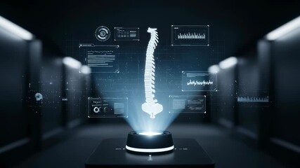 Holographic human spine model with medical data and charts. Healthcare technology and diagnosis concept, future medicine animation. - Powered by Adobe