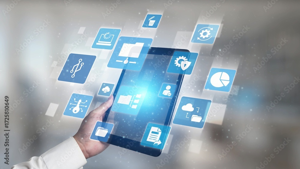 Poster concept of managing online folders with digital file organization, cloud storage, and secure sharing
