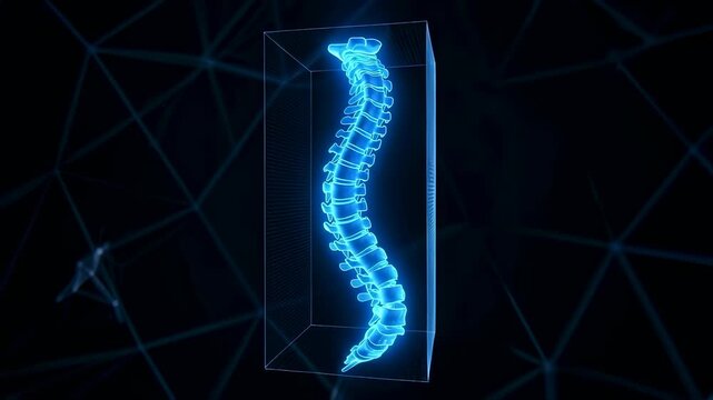 Rotating human spine x-ray with glowing bones for science and medical education, showing skeletal motion analysis animation