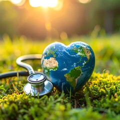 Earth heart on grass with stethoscope