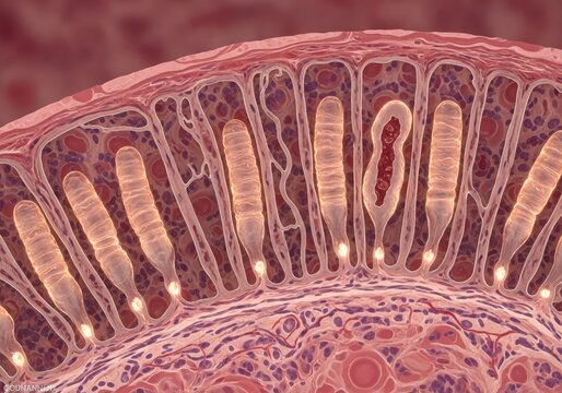 Hyper-realistic microscopic rendering of endometrium during secretory phase with glowing coiled glands, reproductive tissue, histology, microscopic anatomy, cellular biology