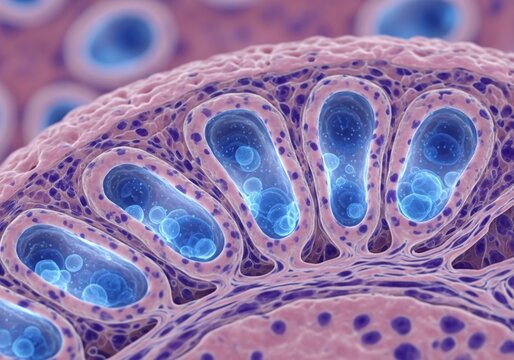Hyper-realistic microscopic rendering of esophageal submucosal glands with glowing mucus and moist ducts, digestive histology, esophagus tissue image
