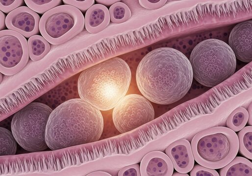 Hyper-realistic microscopic rendering of intestinal crypts showing glowing stem cells and moist Paneth cells, digestive histology, gut tissue image
