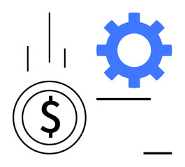 Dollar coin and blue gear with minimal lines symbolize financial management, workflow automation, economic strategy, business process, cost control, technology, and innovation. Simple flat metaphor