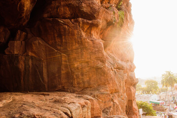 Ancient sandstone rock-cut cave entrance at Badami.