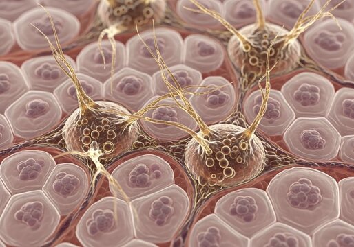 melanocytes in epidermis microscopic rendering dendritic processes glowing melanin cells skin tissue hyper realistic cellular detail histology image