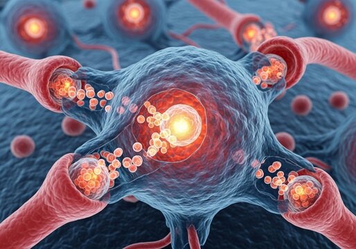 mast cells releasing histamine microscopic rendering glowing granules cytoplasm hyper realistic immune response cellular detail histology image