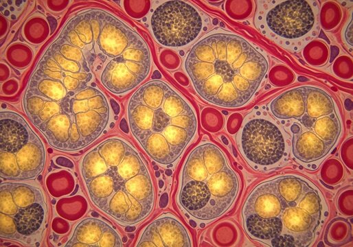 Hyper-realistic microscopic visualization of parathyroid gland with glowing chief cells and oxyphil cells, endocrine tissue, microscopic anatomy, cellular biology, histology
