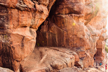 Entrance to a cave in the gigantic sandstone hill at Badami,Cave in mountain rocks. Mountain rock cave entrance. Cave entrance
