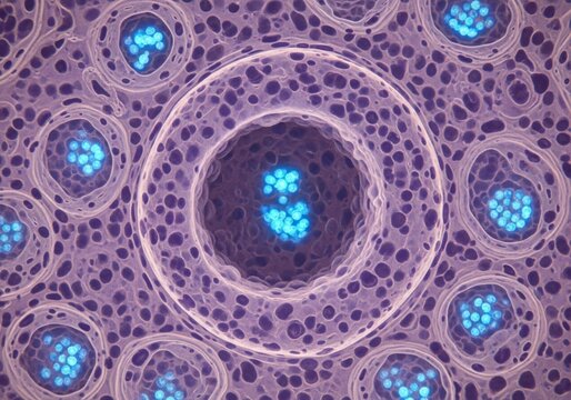 Hyper-realistic microscopic visualization of stomach chief cells with glowing zymogen granules and cytoplasm, digestive system, cellular biology, microscopic anatomy, histology