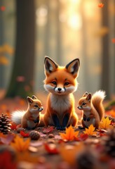 Charming Animals Foraging in Vibrant Autumn Leaves and Rustic Pinecones Nature Scene
