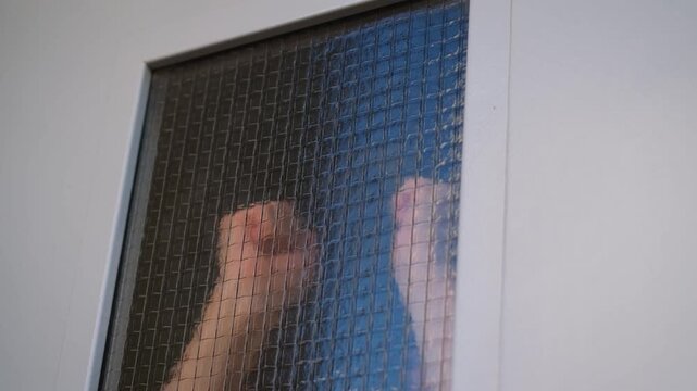 A close-up of a prisoner banging his fist on the window of a pre-trial detention cell