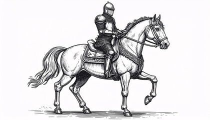 Medieval knight riding a horse in vintage line art