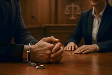 Defendant in court, handcuffed, awaiting trial, seated at the defense table with hands clasped together.