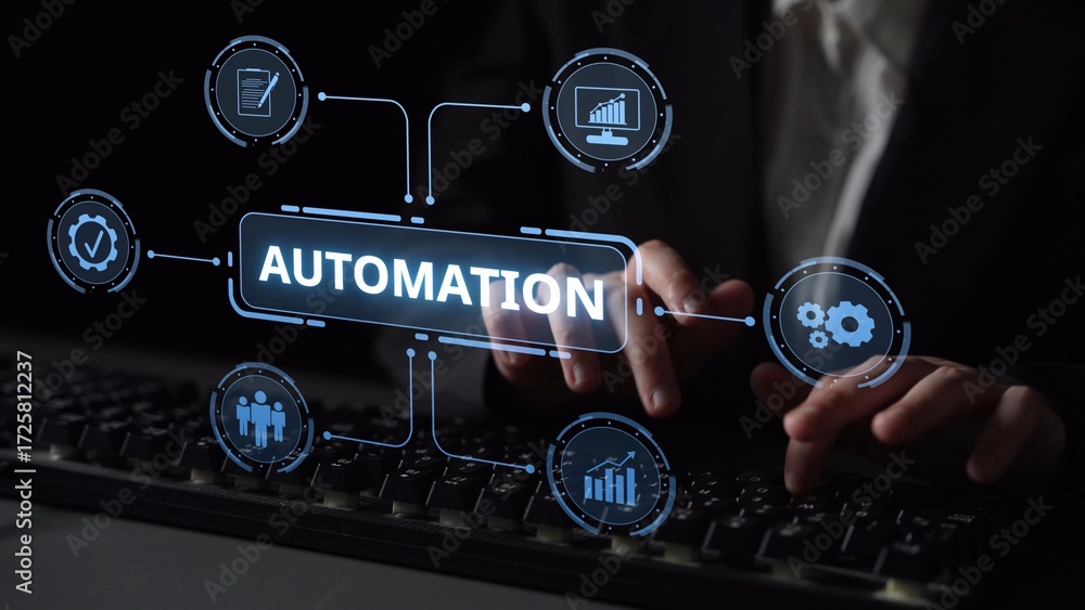 Poster modern automation drives workflow efficiency by connecting systems, people, and data. with intellige