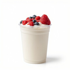 high quality photo of a plastic yogurt cup with berries on a white background
