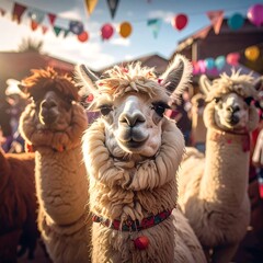 Fluffy alpacas in a festive setting
