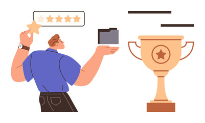 Person holding a star and file with a rating bar above, golden trophy nearby. Ideal for success, leadership, evaluation, motivation, teamwork, achievement personal growth. Simple flat metaphor