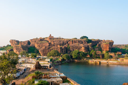 Aerial view Badami sandstone hills with ancient temples on hill top and Agasthya lake at Badami,Karnataka,India.