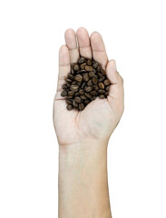 Top view of a hand holding a handful of freshly roasted coffee beans on a dark background with copy space.