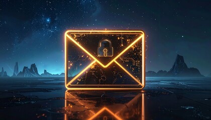 Digital email icon, futuristic landscape