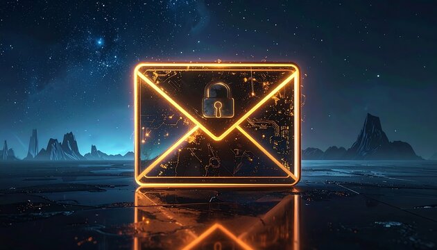 Digital email icon, futuristic landscape