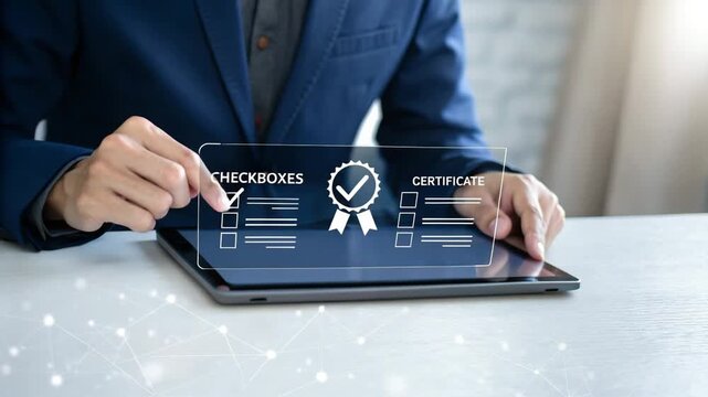 Man in suit interacting with digital certificate checkboxes on a tablet device on a white table