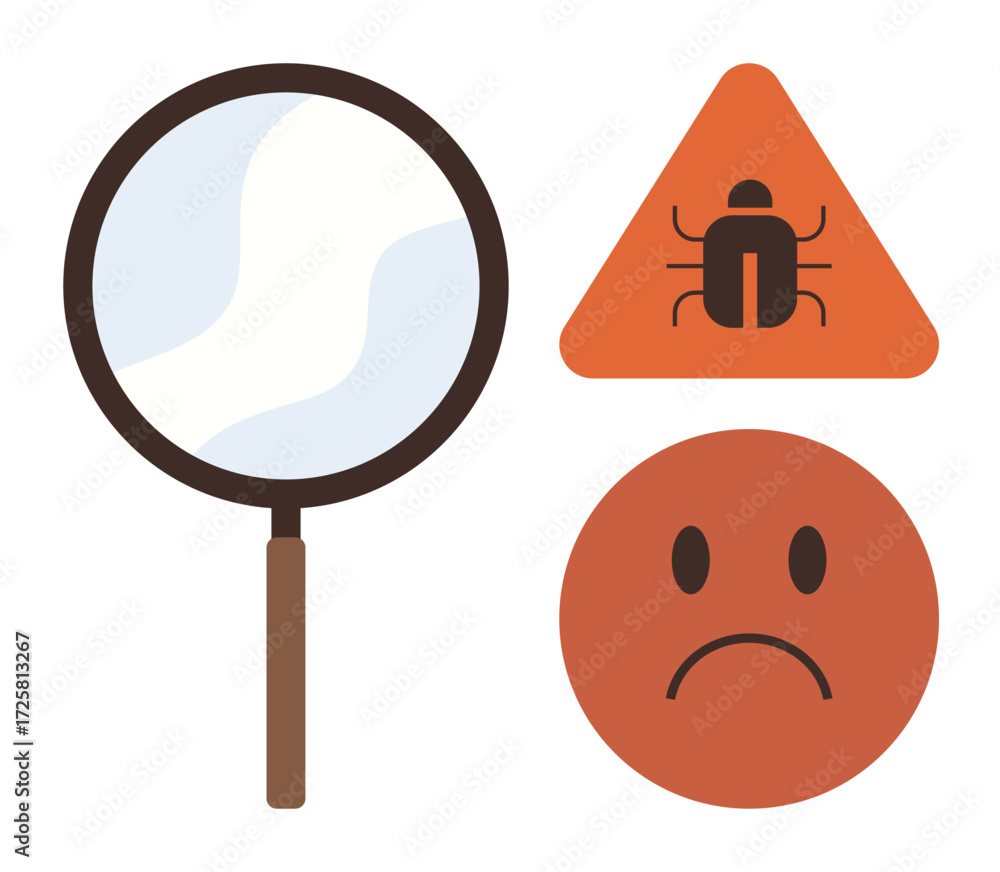 Poster magnifying glass analyzing bug within a caution sign and sad face expressing error or issues. ideal 