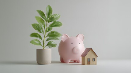 Modern Savings Concept with Piggy Bank, Plant, and Wooden House on Minimalistic Background