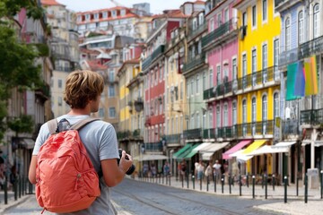 Traveler man explores vibrant city street, colorful buildings ascend hillside, holds camera