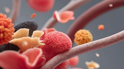 Abstract microscopic view of colorful organic forms and structures in a surreal 3D environment