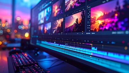 Editing software display, urban cityscape